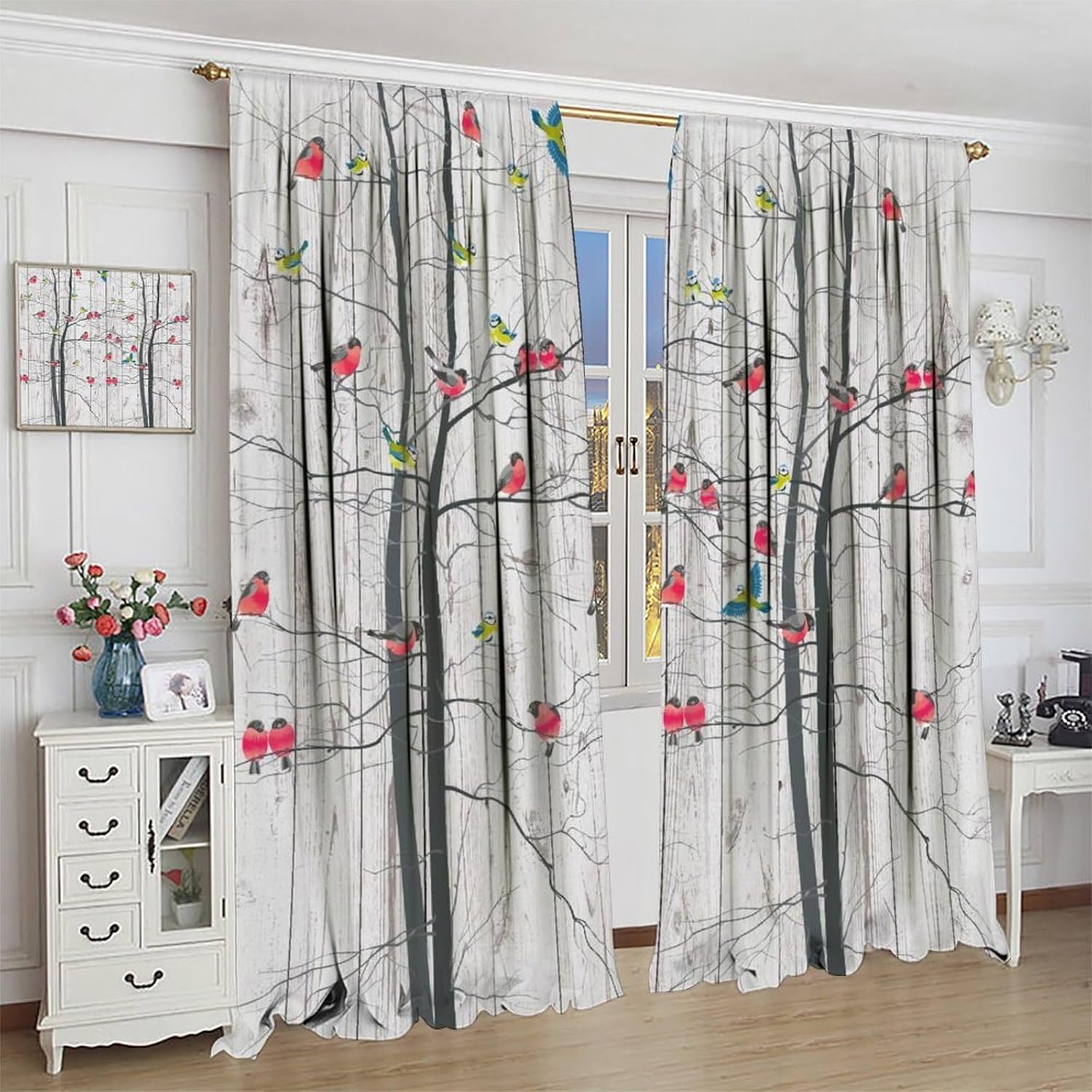 Bird Curtains Vintage Farmhouse Tree Forest Red Birds Art Printed Blackout Window Drapes for Bedroom Living Room Kitchen Decor Fabric Set 2 Panel 42x45 Inch 80% Shading Rate