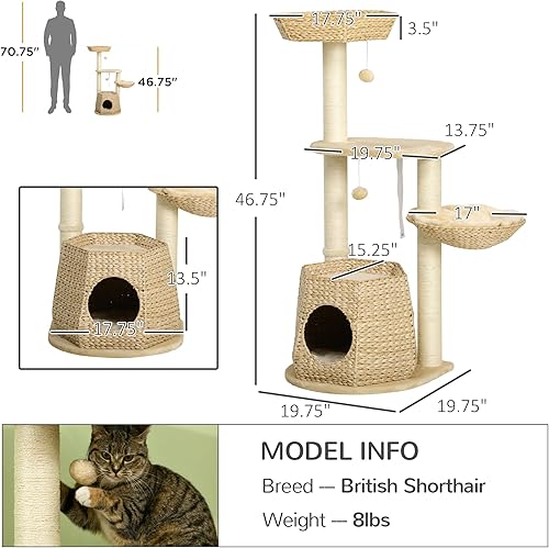 Miniatura 7 de PawHut Árbol para gatos, torre para gatos de interior de 47 pulgadas con cola de espadaña para gatos, cama para gatos, plataforma de salto, postes