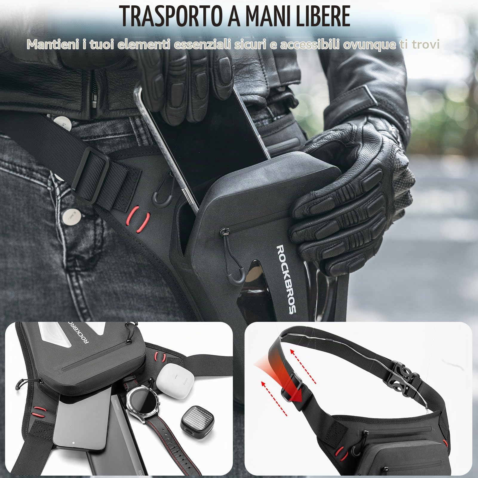 ROCKBROS Marsupio da Gamba Moto 1L, Marsupio Cosciale Traspirante | con Cinghia Regolabile e Rimovibile, Multi-Tasche Espandibile, Riflettente, Borsa Gamba Moto per Motociclismo Ciclismo