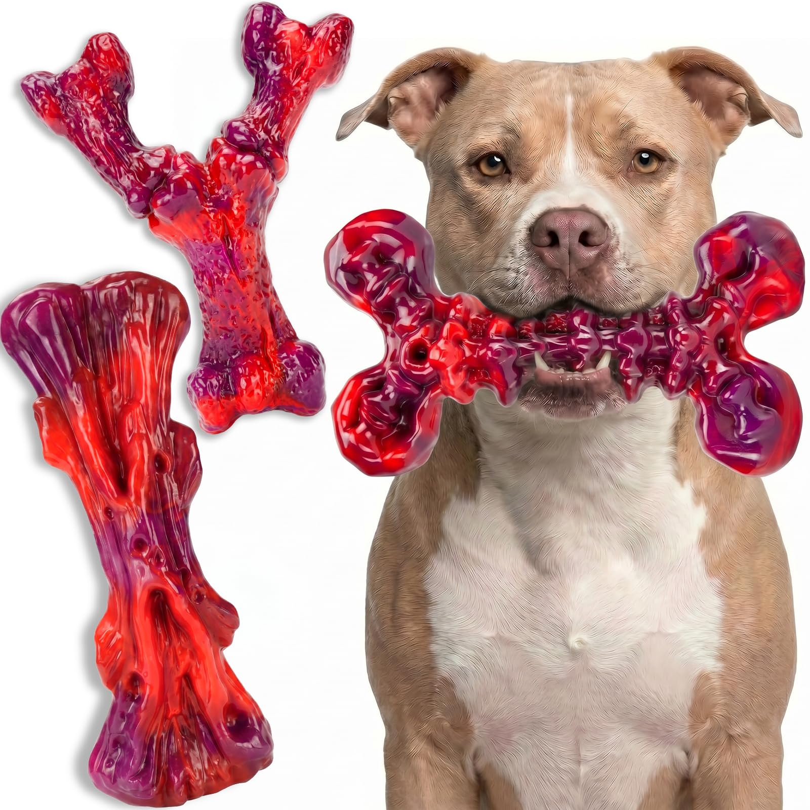 Kseroo Kauspielzeug für Hunde, Rindergeschmack, mittelgroße und große Hunde, Rot, 3 Stück | Unzerstörbares, steinhartes Nylon, 11,3–40,8 kg, aggressive Kauer, robuste Hundeknochen