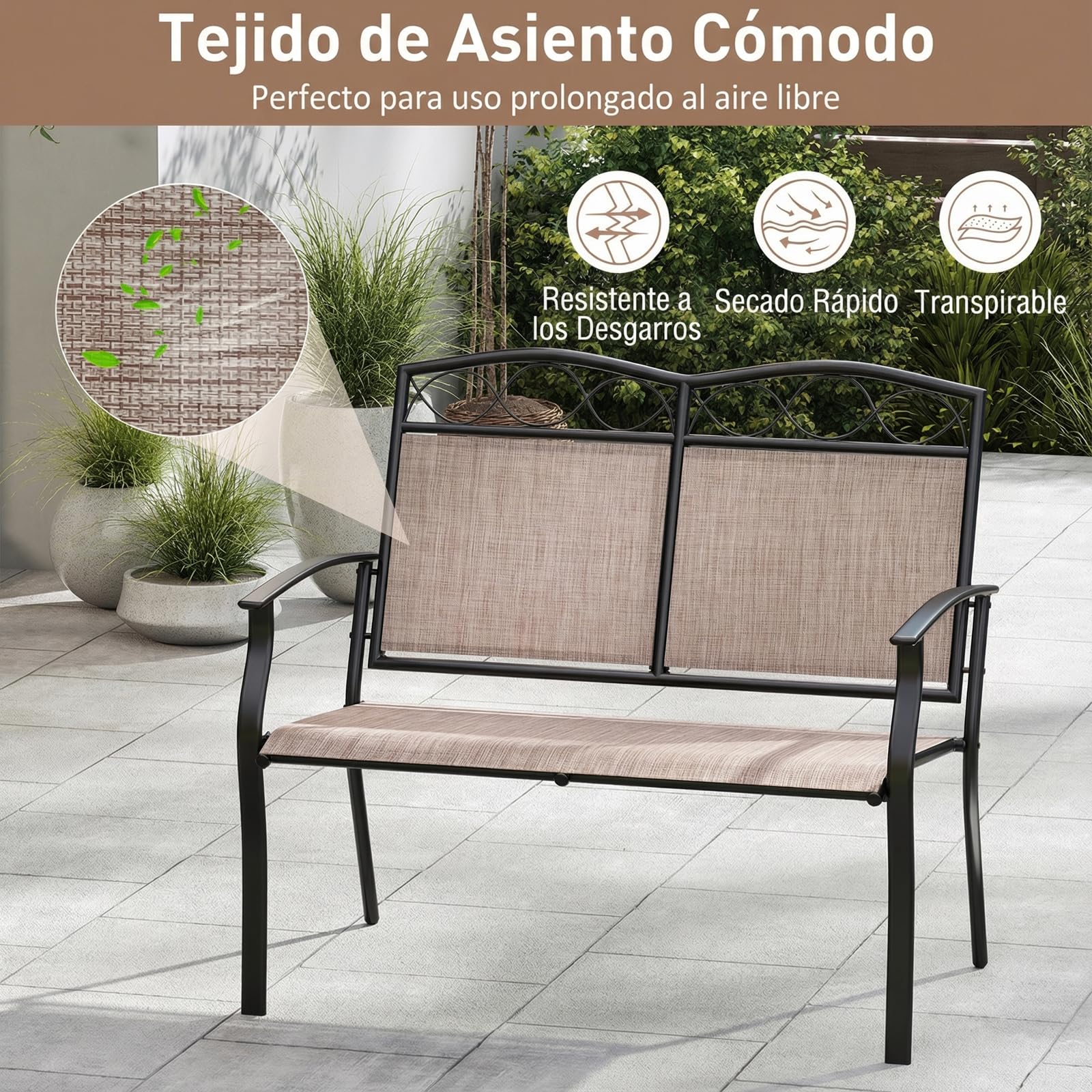 COSTWAY Banco Exterior para 2 Plazas, Tela Textilene Transpirable, Marco de Metal, Banco Jardín con Reposabrazos Curvos, Patio Terraza Piscina, 71 x 105 x 93 cm, Carga 300 kg