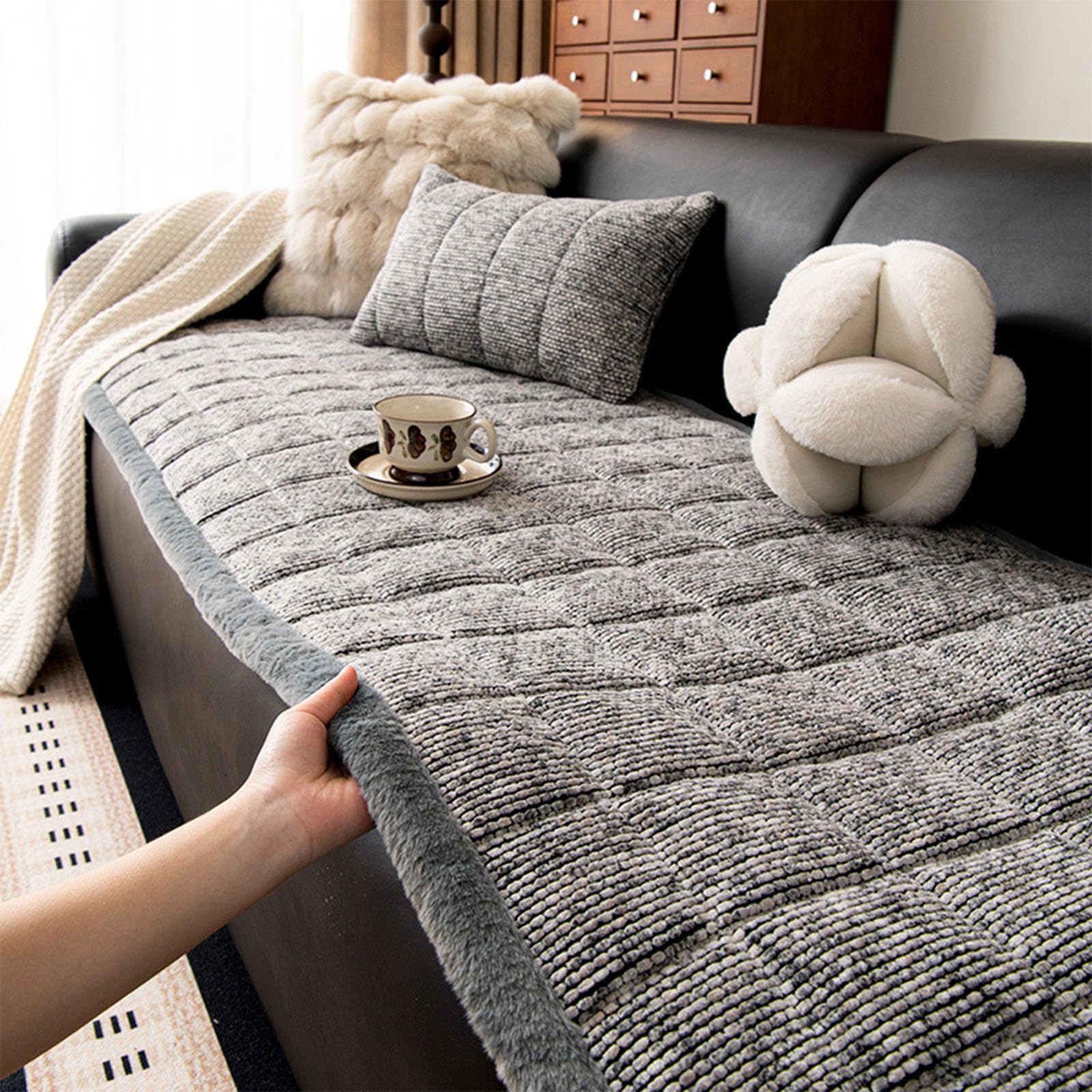 Housse de canapé velours lavable machine couvre-fauteuil antidérapant gris