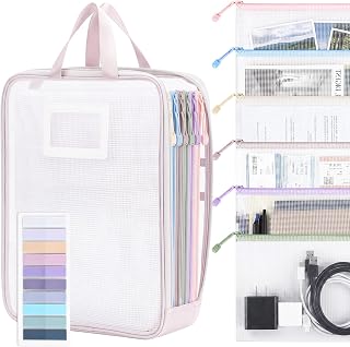 MotiMind 7 Pcs Pastel Organizer Pouch Set, Mesh Zipper Pouch with Labels