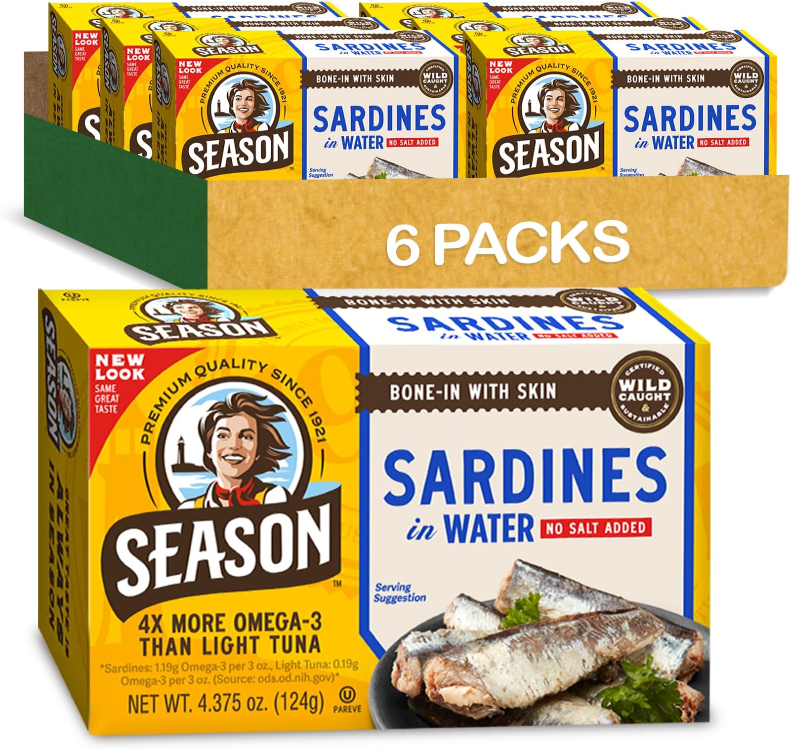 Season Sardines in Water - No Salt Added, Wild Caught, 22g of Protein, Keto Snacks, More Omega 3's Than Tuna, Kosher, High in Calcium, Canned Sardines - 4.37 Oz Tins, 6-Pack