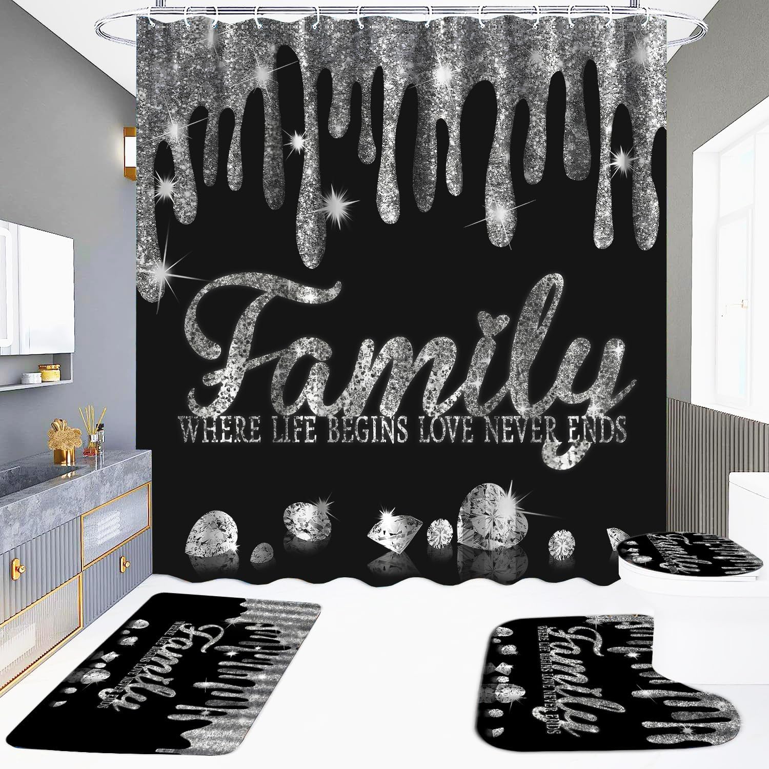 Bling Diamond Shower Curtain Bathroom Sets, Family Black and White Shower Curtain with Toilet Lid Cover and Rugs 4Pcs, Silver Luxury Shiny Curtains for Bath Laundry Restroom Home Decorations