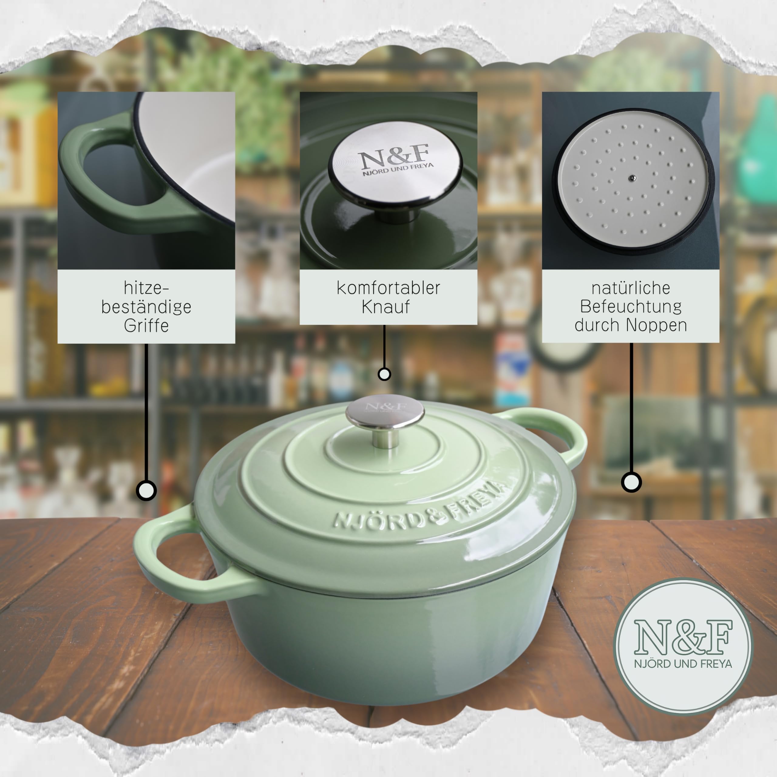 Njörd & Freya® Gusseisentopf 24 cm – Brotbacktopf emailliert mit Deckel – Dutch Oven für Brot, Braten & Eintöpfe – Gusstopf backofenfest, Induktion geeignet, Gusseisener Topf