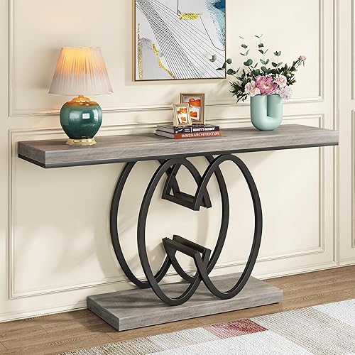 Tribesigns Mesa consola de 55 pulgadas para pasillo, mesa de entrada dorada de mármol sintético con base de metal geométrico, mesa decorativa