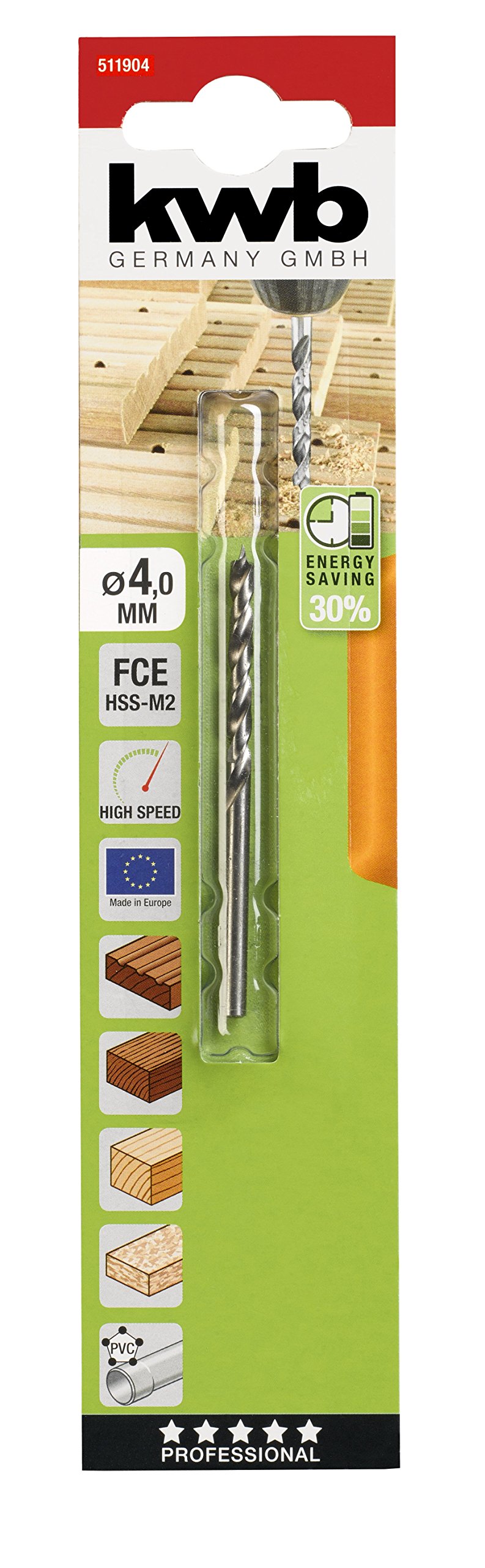 kwb Punta per legno duro Ø 4 mm con lunga durata, fori puliti, design a doppia terra e alta precisione