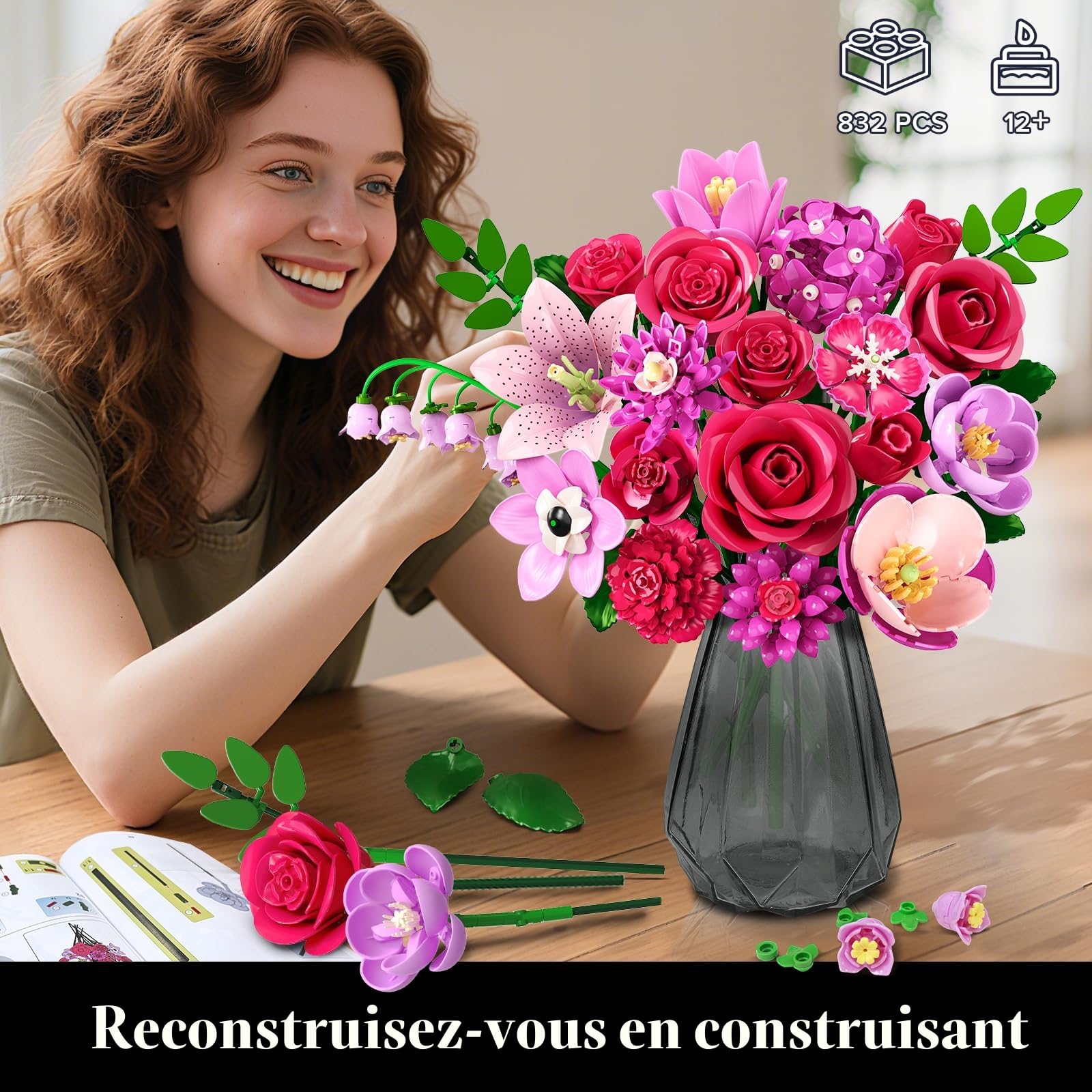CUBIMANA Bouquet de Fleurs LED 21 Roses Rouges Collection Botanique 832PCS