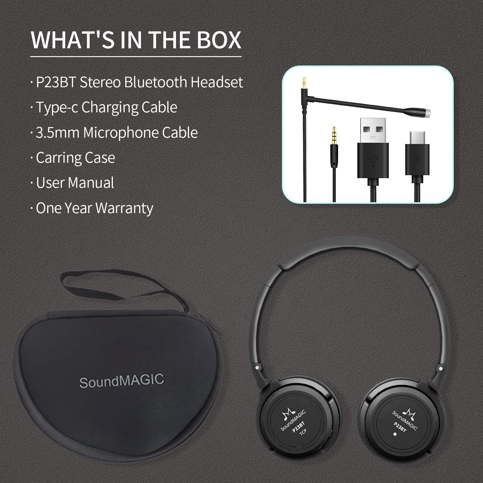 SoundMAGIC P23BT Comode cuffie Bluetooth on-ear, cancellazione del rumore CVC, microfono, suono Hi-Fi, connessione del segnale stabile, lunga durata di riproduzione, cavo rimovibile, per gaming, nere