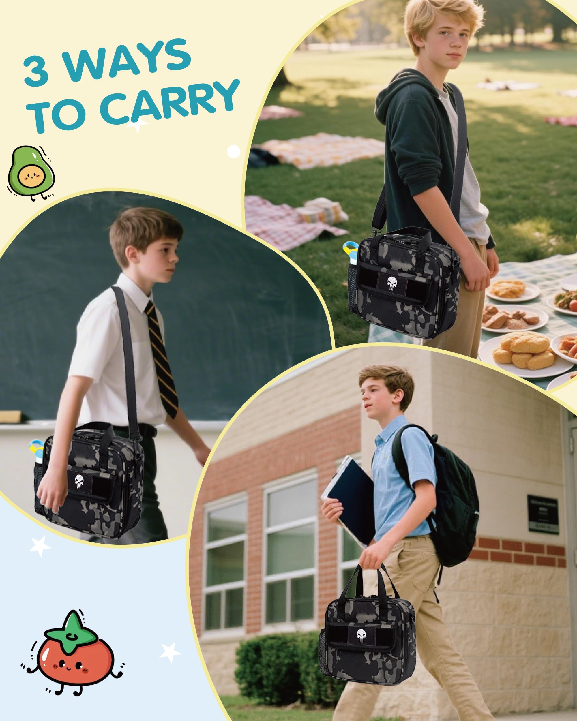 Lunch box tattica per ragazzi, borsa termica per bambini con tracolla e porta-bottiglia, piccola borsa frigo riutilizzabile e idrorepellente per scuola e asilo