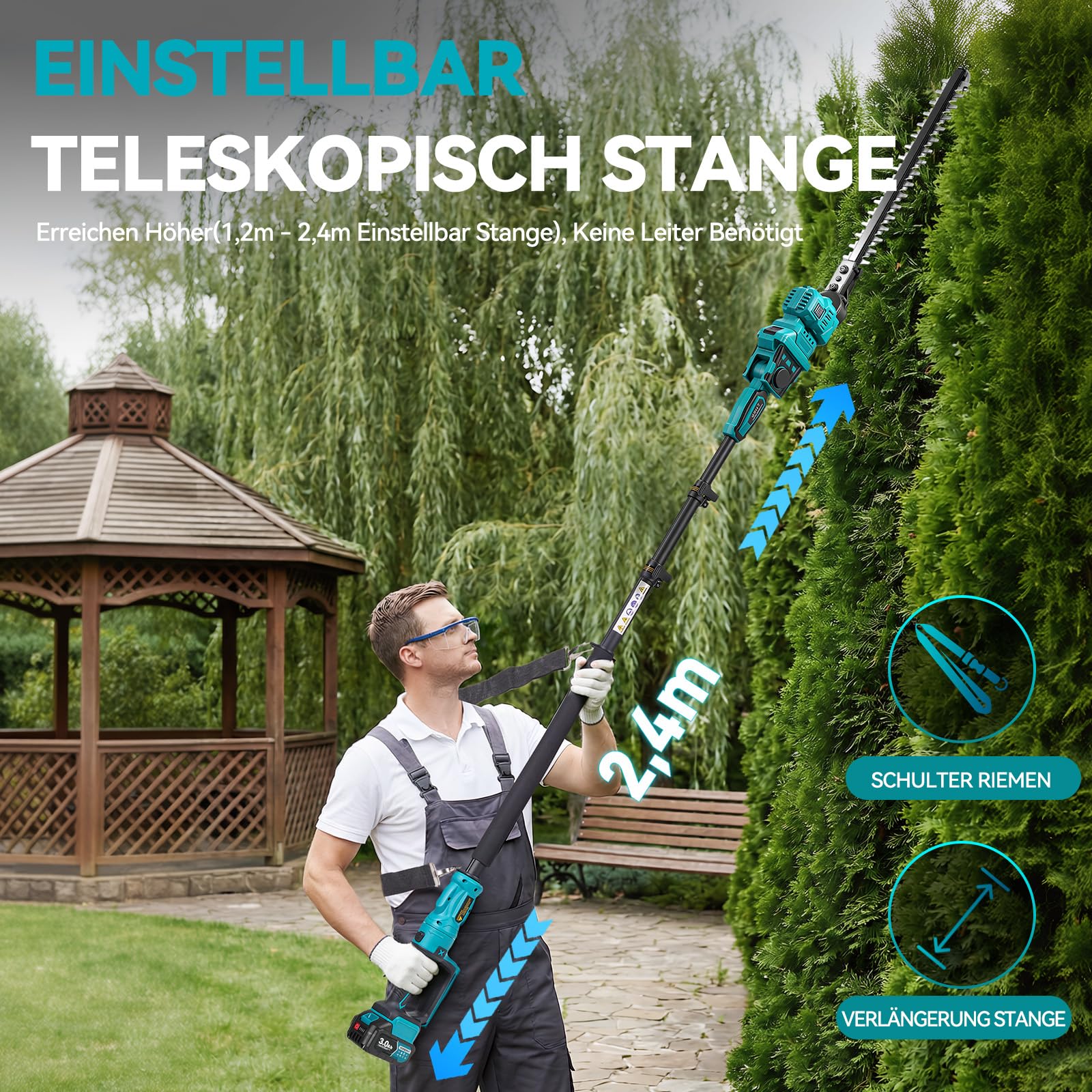Yofidra Akku Teleskop Heckenschere, 40cm Stahlmesser, 2,4 m Teleskopstange | Elektrische Heckenschere mit 2×3.0Ah Akku, 180°drehbarem Schneidkopf, kabellose Strauchschere für Heckenpflege