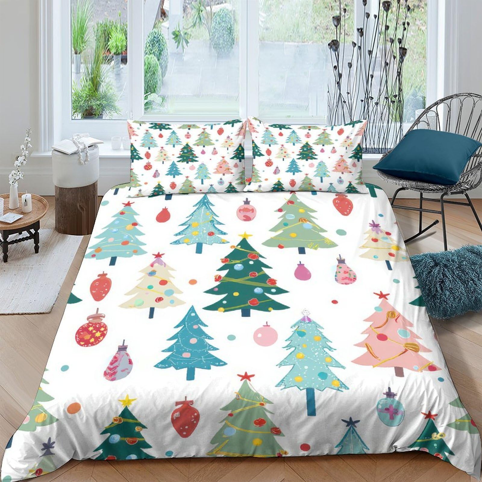 Ctjqhvkz Style-9 3D Printed Christmas Tree Fitted Sheet Microfiber Soft Decorative Ornament Bed Cover For Bedroom Guest Room Single（135X200cm）