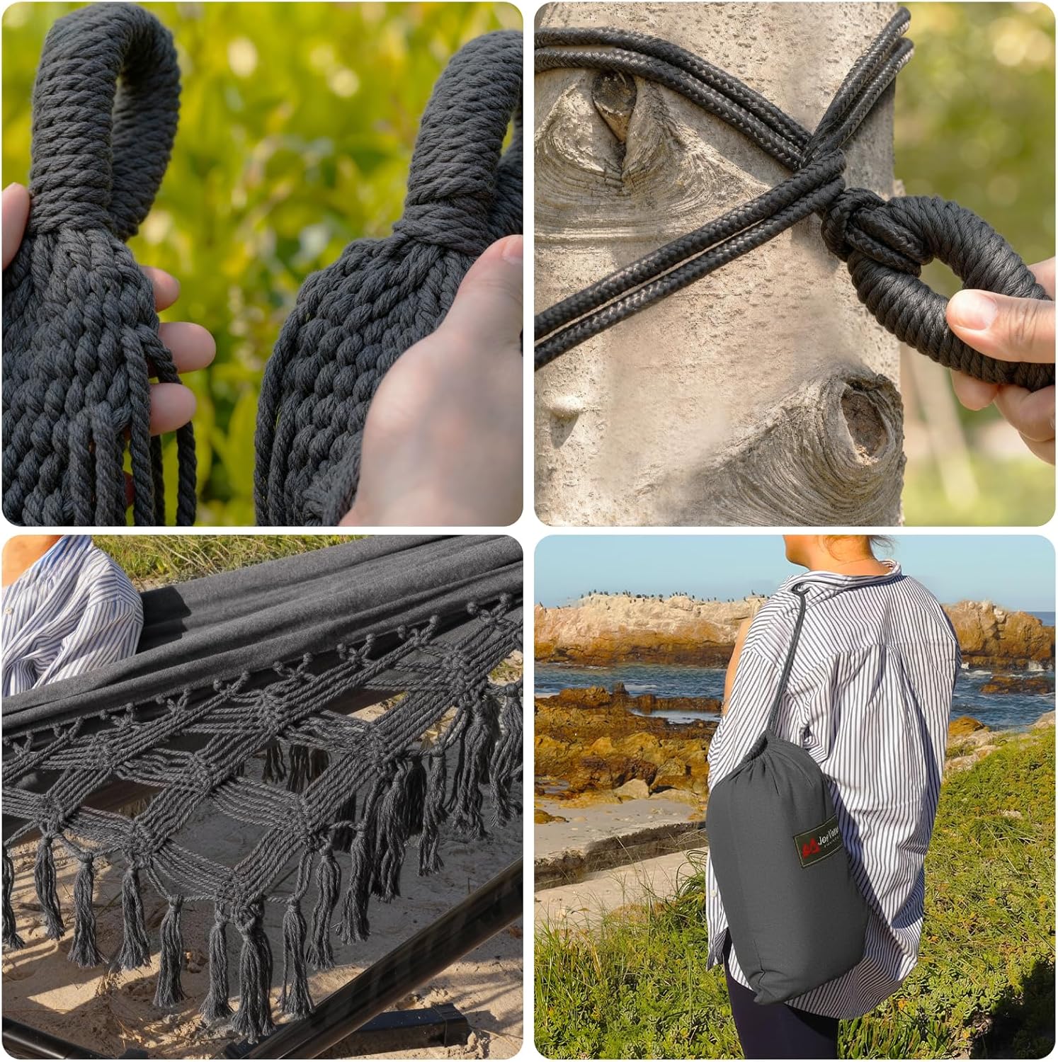JoyView Boho Macrame Double Hammock with Hanging Ropes & Elegant Tassels 86.6x59 Portable Cotton Hammock for Patio Backyard Porch 450LBS Weight Capacity Perfect for Outdoor/Indoor - Dark Grey
