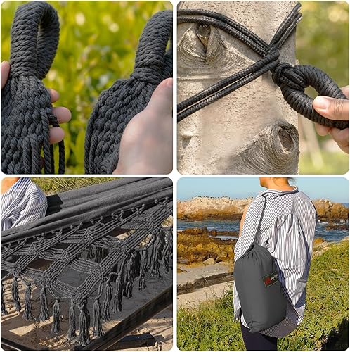 Miniatura 5 de JoyView Hamaca doble bohemia de macramé con cuerdas para colgar y elegantes borlas, hamaca portátil de algodón de 86.6 x 59 pulgadas para patio,