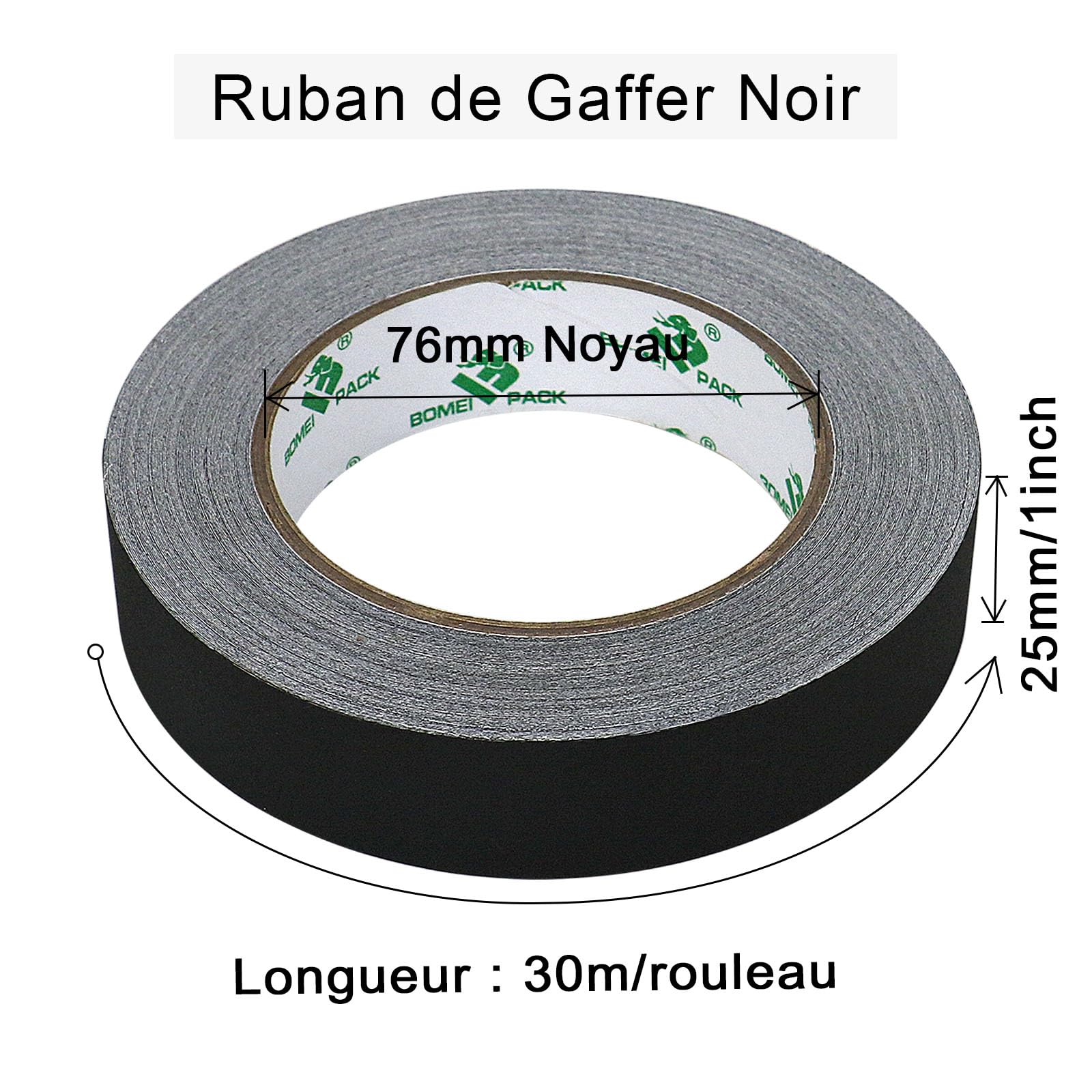 BOMEI PACK Gaff Ruban adhésif en tissu, 25 MM x 30M, 2 Pack Mat Chiffon Tuban Adhésif, Gaffers Tape pour Câbles, Photographie (Noir)