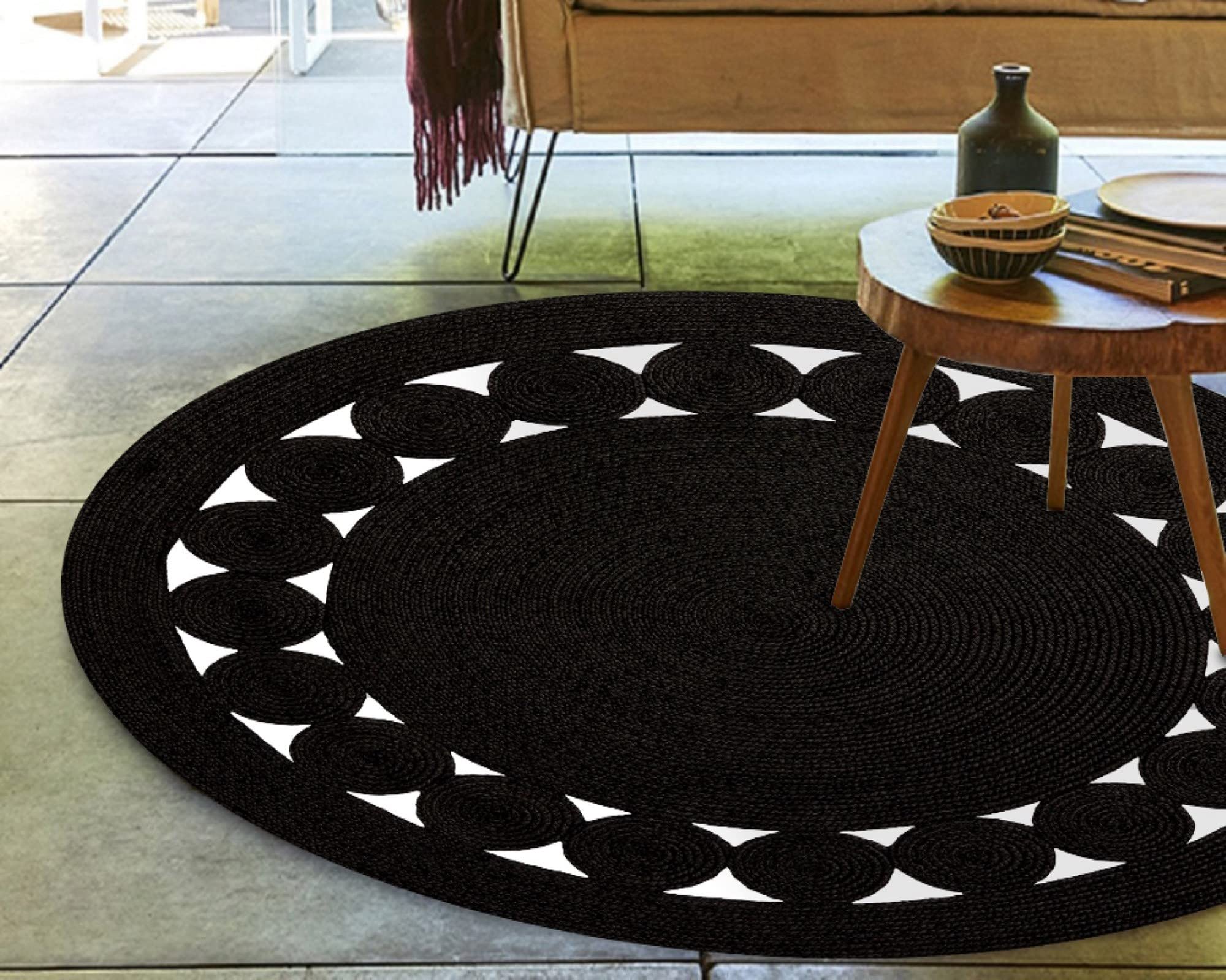 MANI TEXTILE LEYLIM - Alfombra Redonda (90 x 90 cm), Color Negro y Blanco