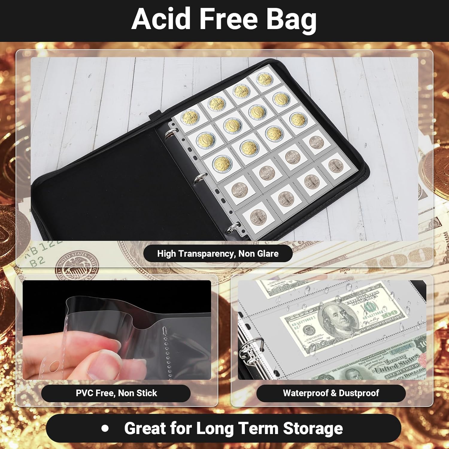 Portable Coin Collection Book - 600 Pockets Coin Holders for Collectors & 30 Pockets Currency Sleeves, Stamp Collecting Supplies Money Organizer for Cash Bill Penny Quarter Stamp, Black