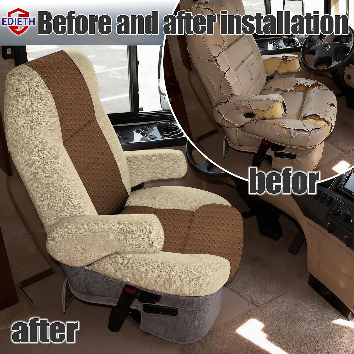 2Pcs RV Seat Covers for Captains Chairs Motorhome Seat Covers for Class-Awith Side Storage Pockets with Leather in Middle & Fabric on Sides, Universal Fit Design in Yellow