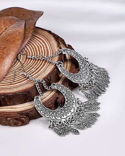 Vista 6 de Aretes de araña bohemios de plata, aretes colgantes vintage con diseño étnico, aretes de borla plateada de varias capas para mujer