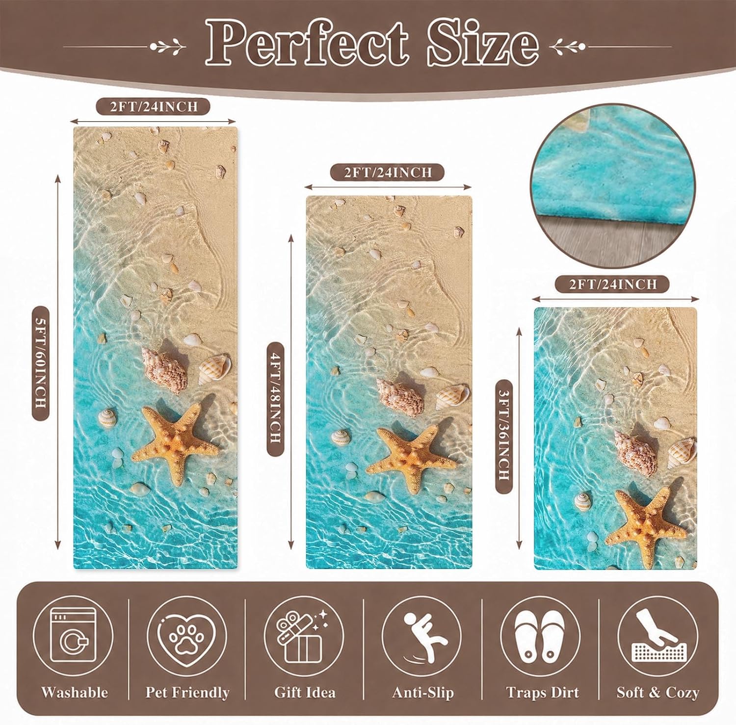 Anti-Fatigue Kitchen Rug Set of 3, Waterproof Non-Slip, Seashell image 2