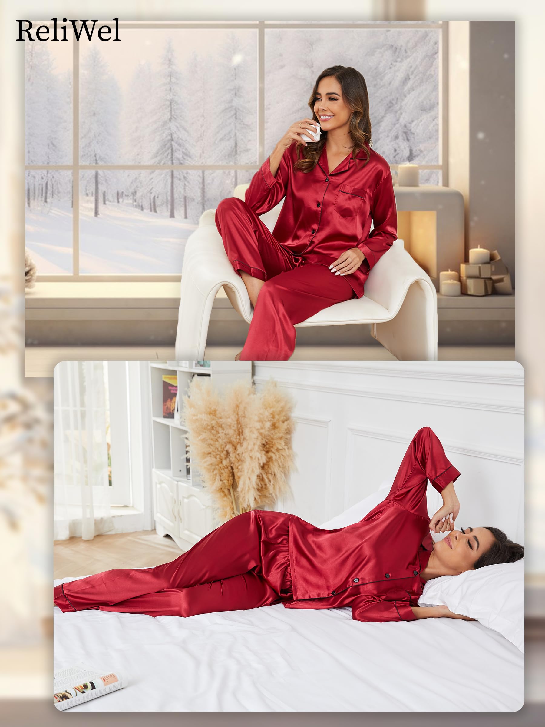 Reliwel Pigiama Donna Estivo Pigiami da Donna Due Pezzi a Maniche Lunghe Pantaloni in Raso Morbidissimo Scollo V Aperto Davanti con Bottoni e Borse Laterali