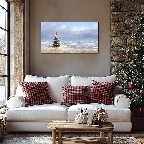 Miniatura 6 de TIMUBA Arte de pared de árbol de Navidad costero, imágenes temáticas de árbol de Navidad de playa para decoración de pared, impresiones en lienzo de