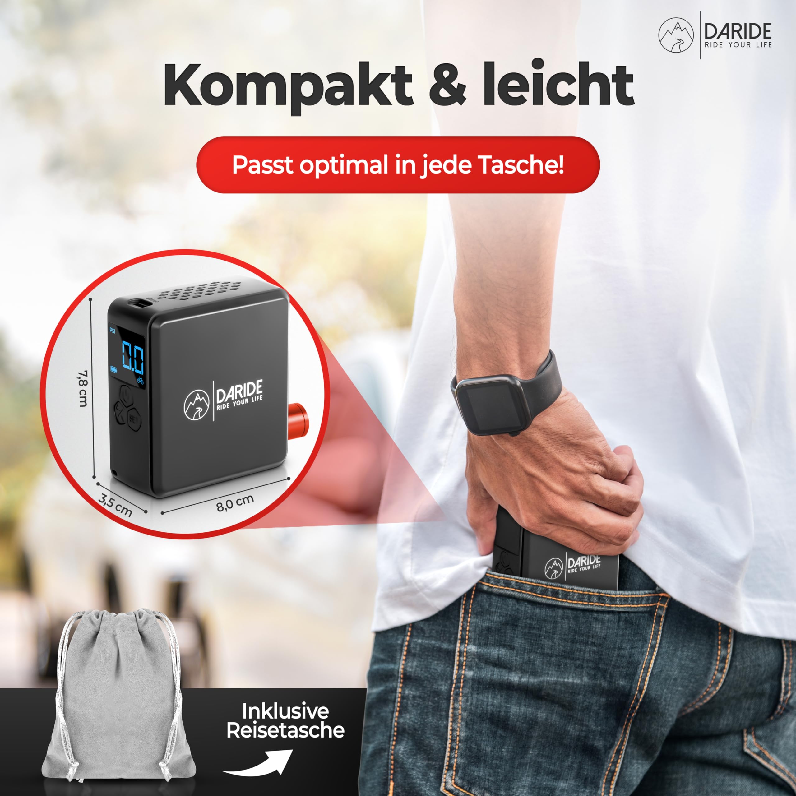 Mini Elektrische Fahrradpumpe - Kleine Akku Luftpumpe & Kompressor für Fahrrad, Auto, Motorrad, Bälle, Tubeless | [10,3 Bar] | Tragbarer Minipumpe & Reifendruckprüfer mit LED-Bildschirm