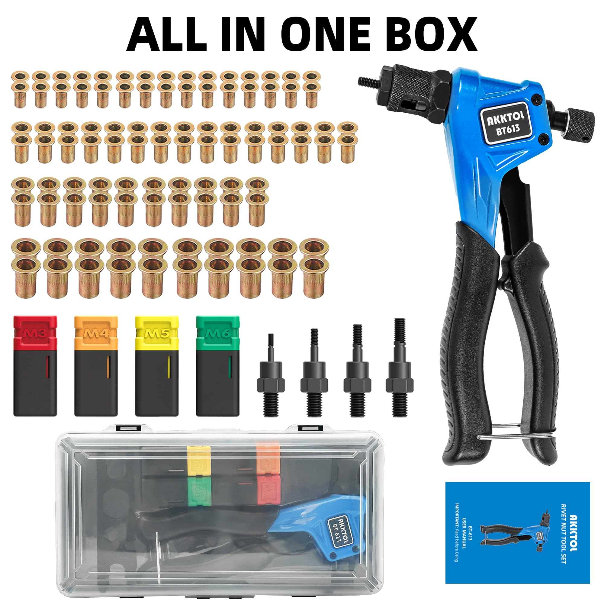 AKKTOL Pince a Insert Fileté, Pince a Insert, Ecrou a Sertir avec 100 Insert Fileté M6 M5 M4 M3, Pince a Sertir Ecrou facile à remplacer, avec étui de Transport, Pince Ecrou professionnel Manuel