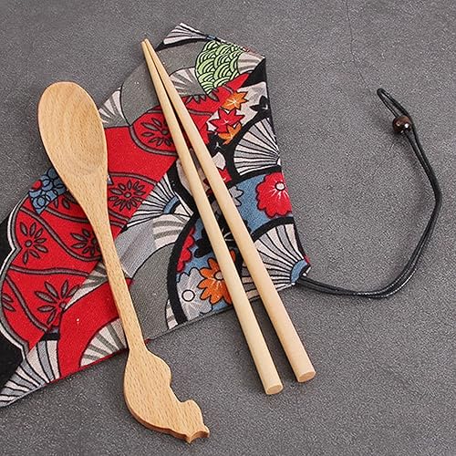 Miniatura 3 de Juego de cubiertos de madera, estilo japonés, cuchara de madera reutilizable y palillos, vajilla portátil, utensilios de viaje, utensilios de