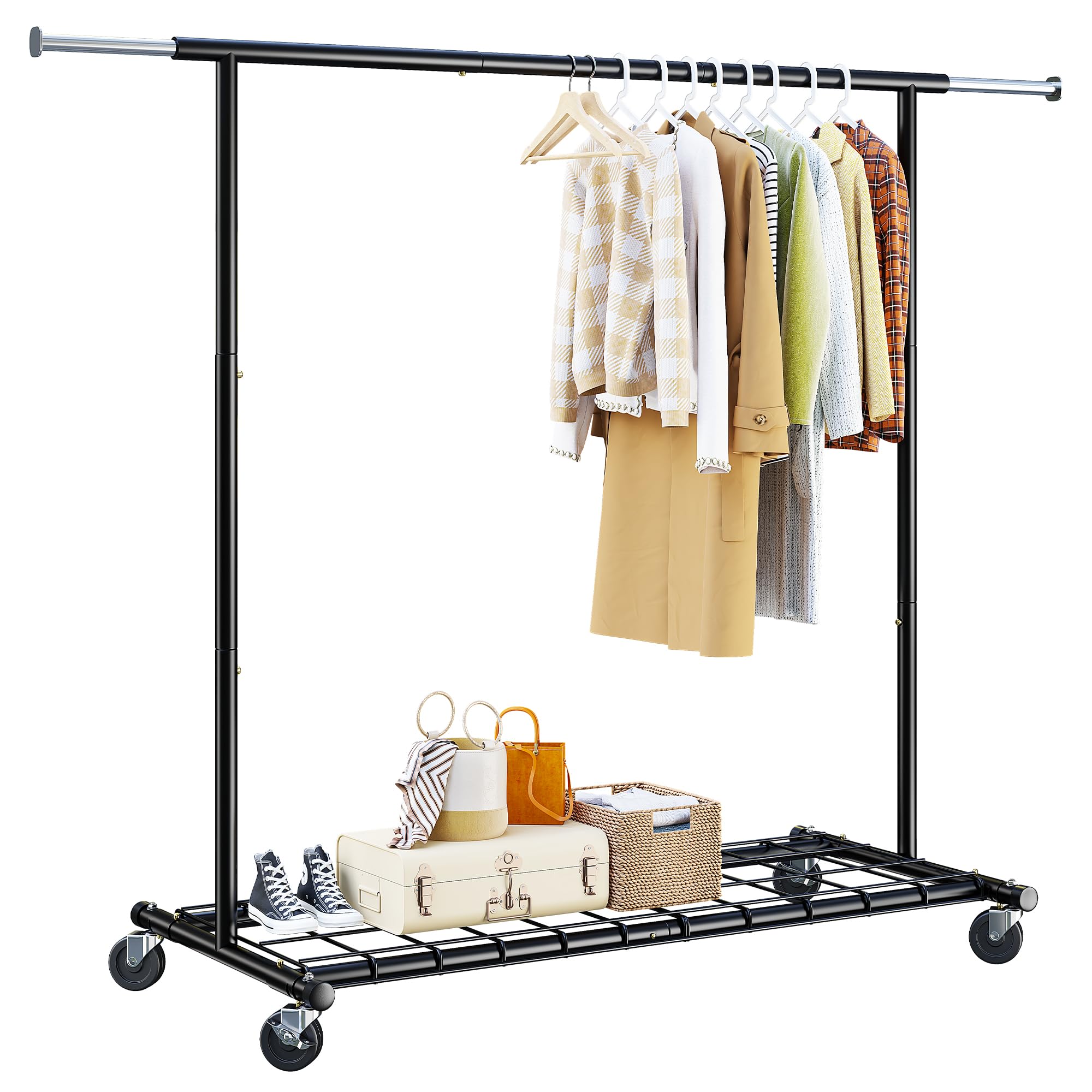 Raybee Clothing Rack Clothes Racks for Hanging Clothes Rolling Clothes Rack Load 250LBS Clothing Rack Heavy Duty Clothes Rack Collapsible Garment Rack Portable Clothing Rack with Wheels,Black