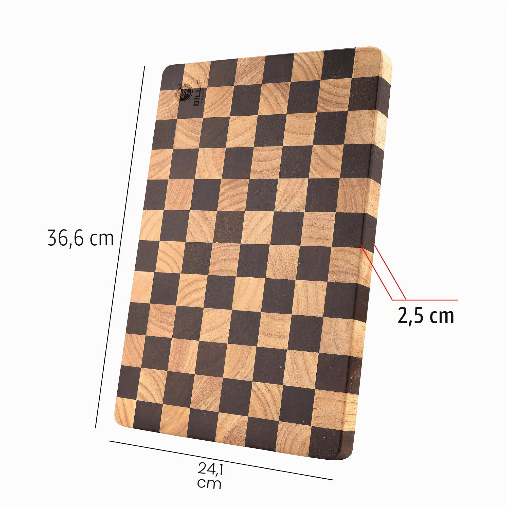 Bill.F - Tabla de cortar de madera, 36 x 24 x 2,5 cm, con patrón de tablero de ajedrez y asas laterales interiores, tabla de cortar ideal para cortar carne, cortar verduras, quesos y pan