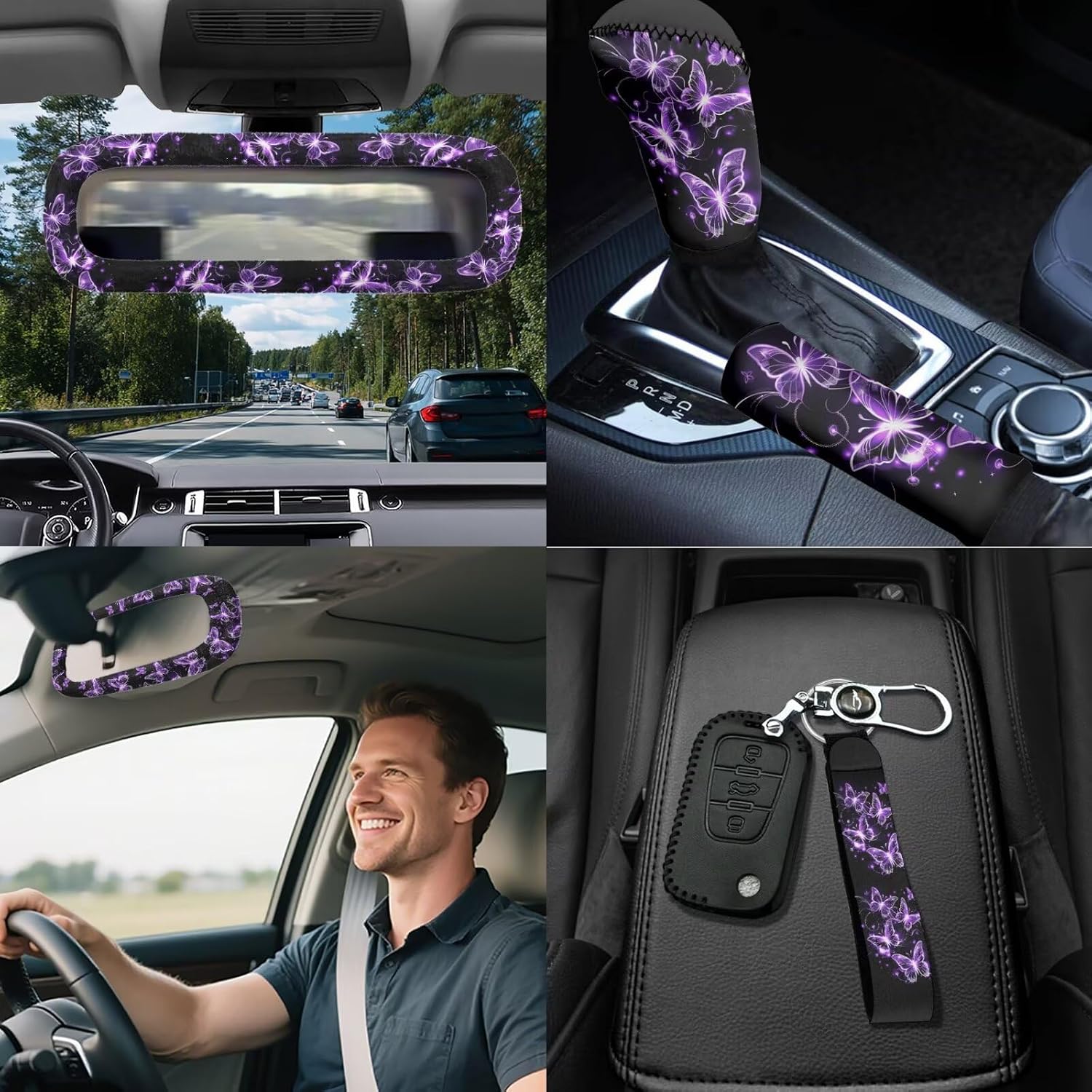 Butterfly Car Seat Covers Full Sets of 18 Pcs Purple Butterfly Car Interior Accessories Set with Steering Wheel Cover Car Trash Can Car Headrest Covers Belt Pads Cover Armrest Pad for Women