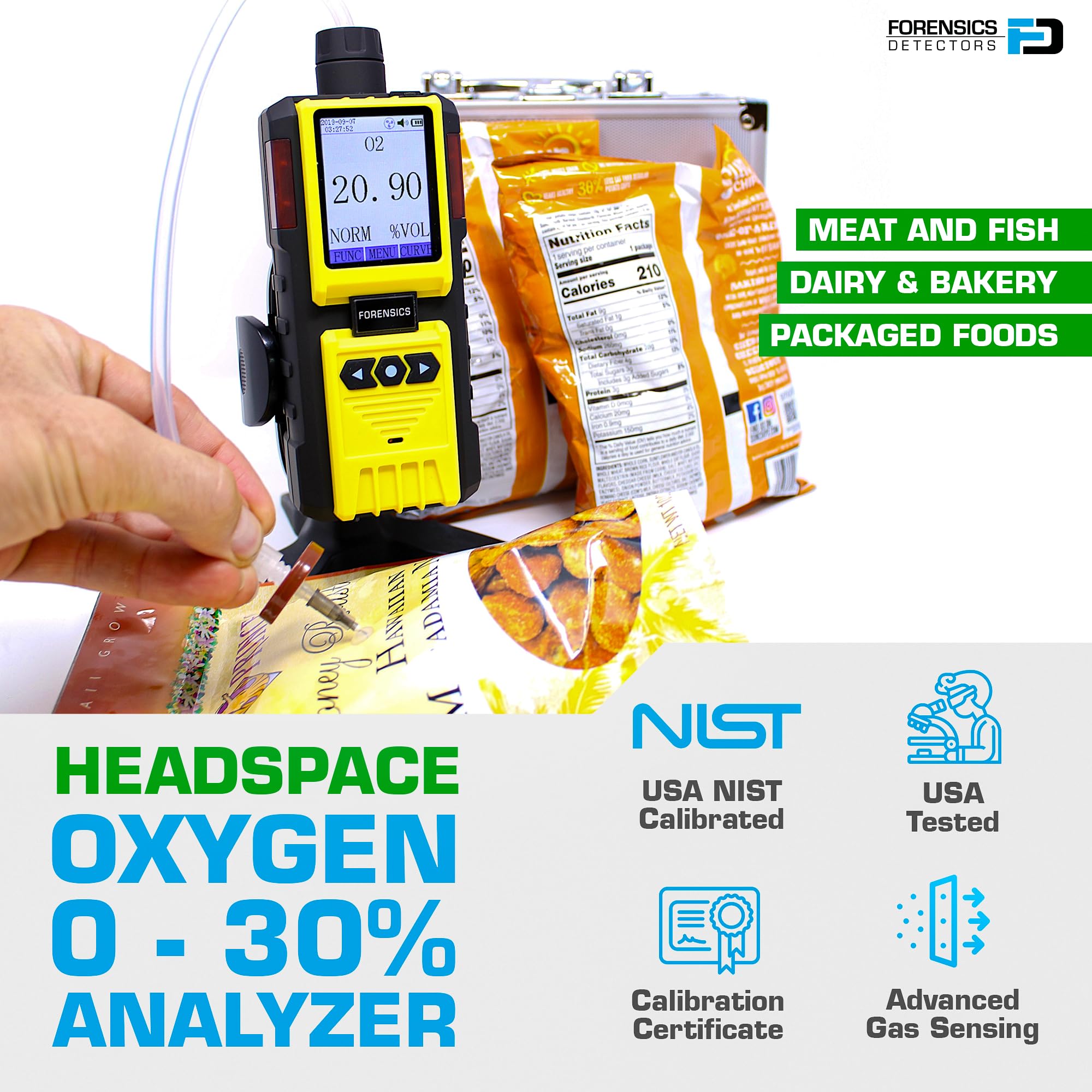Analizzatore di Ossigeno per Analisi Headspace by Forensics | 0–30% con Risoluzione 0,01 ppm | Certificato di Calibrazione EU & USA |