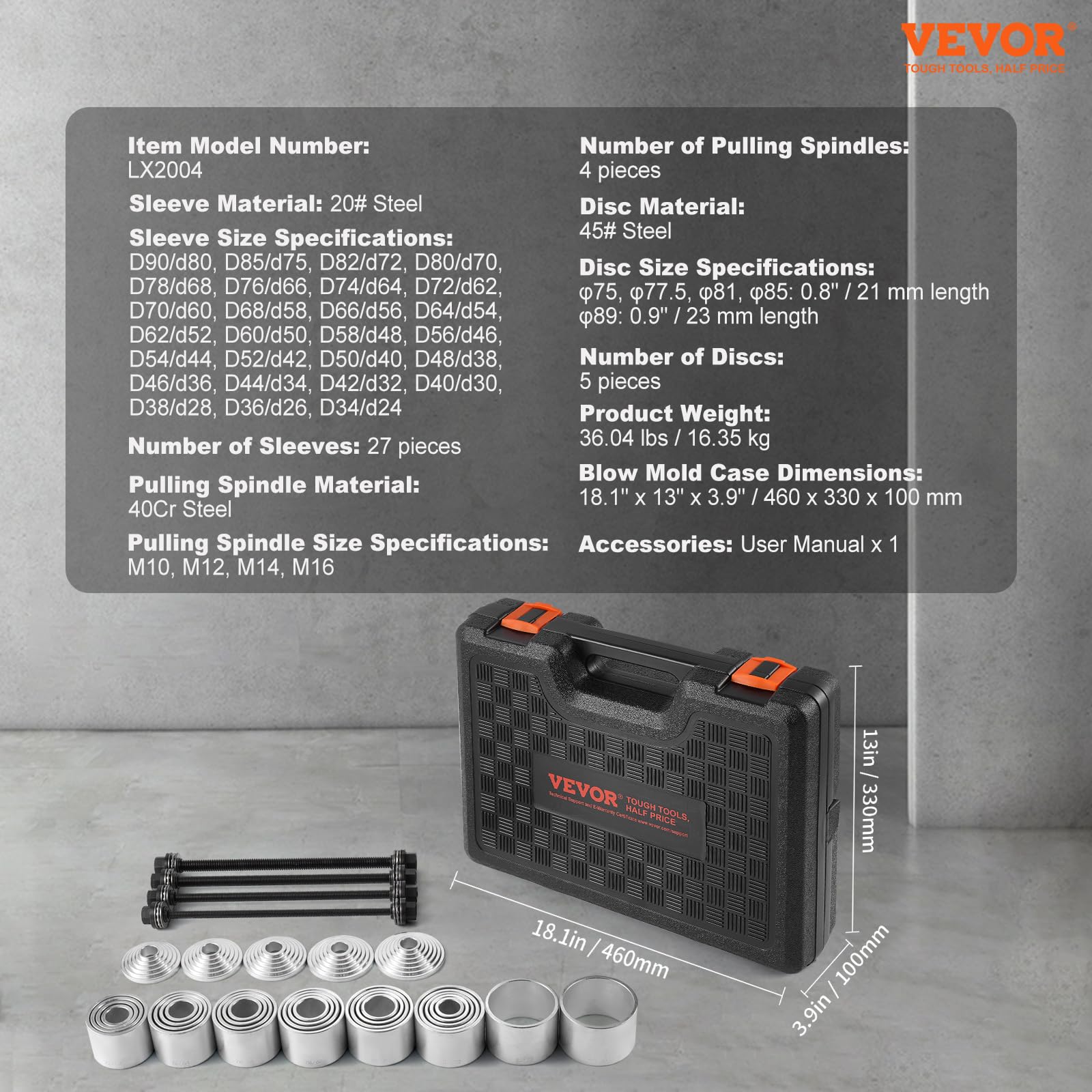 VEVOR Kit Manicotto di Trazione e Pressione da 36 Pezzi, Set di Rimozione e Installazione Cuscinetti a Boccola in Acciaio, con Custodia per Il Trasporto, Compatibilità Multi-Veicolo per Motori