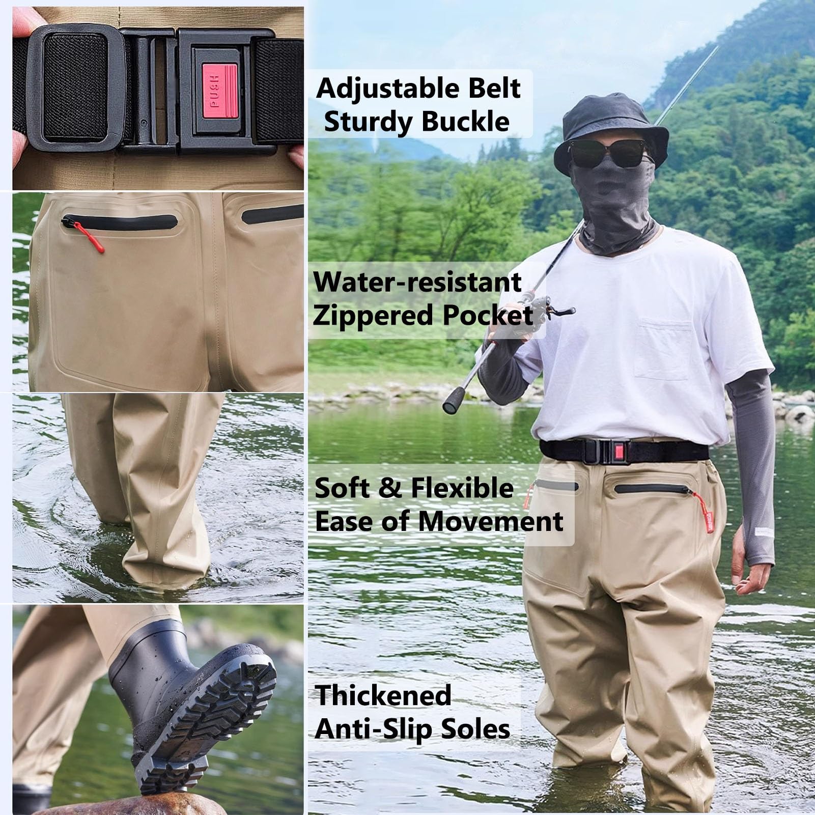 Vadeadores Botas Botas De Pesca con Mosca para Hombre, Botas De Caza Ligeras De Color Caqui con Rodillas Reforzadas De Doble Capa