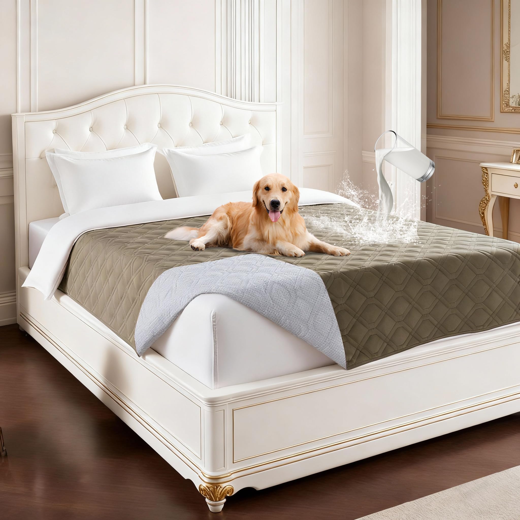 H.Versailtex Waterproof Dog Bed Blanket, Non-Slip Pet Furniture Throw, Large Washable Sofa/Couch Protector,Taupe, 172x208 cm