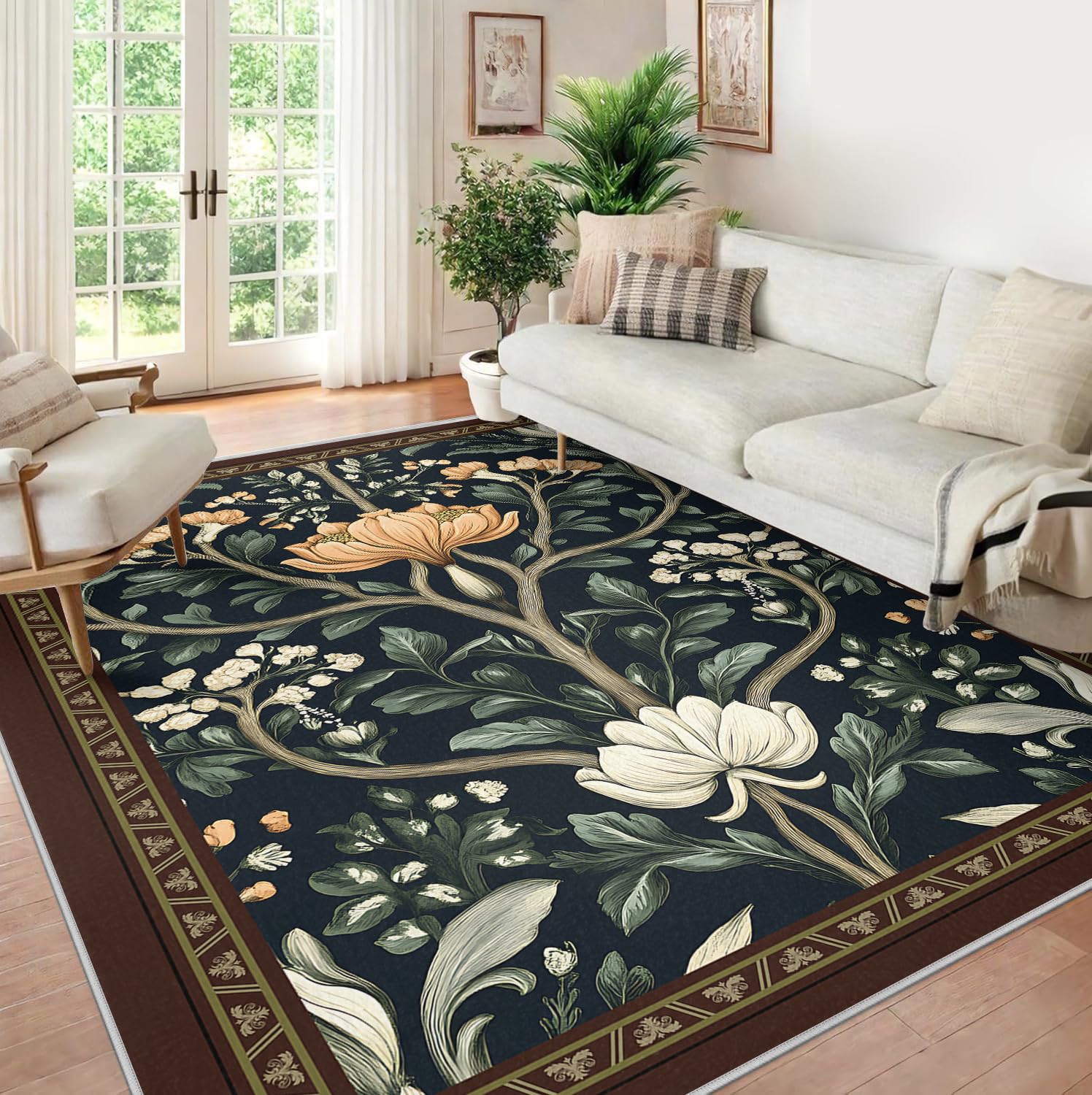 Carpette de salon Magnolia botanique style William Morris 140x200 de haute qualité