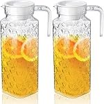 Peohud 2 Pack Acrylic Pitchers with Lid, 37oz Clear Plastic Juice Pitcher, Transparent Juice Jug Water Pitcher with Handle for Iced Tea, Sangria, Lemonade, Cold Beverages, BPA-Free and Shatter-Proof