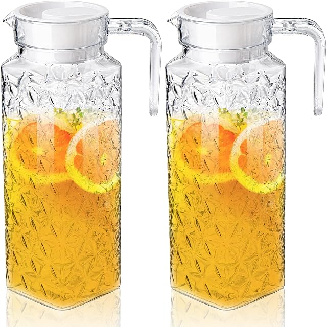 Peohud 2 Pack Acrylic Pitchers with Lid, 37oz Clear Plastic Juice Pitcher, Transparent Juice Jug Water Pitcher with Handle for Iced Tea, Sangria, Lemonade, Cold Beverages, BPA-Free and Shatter-Proof