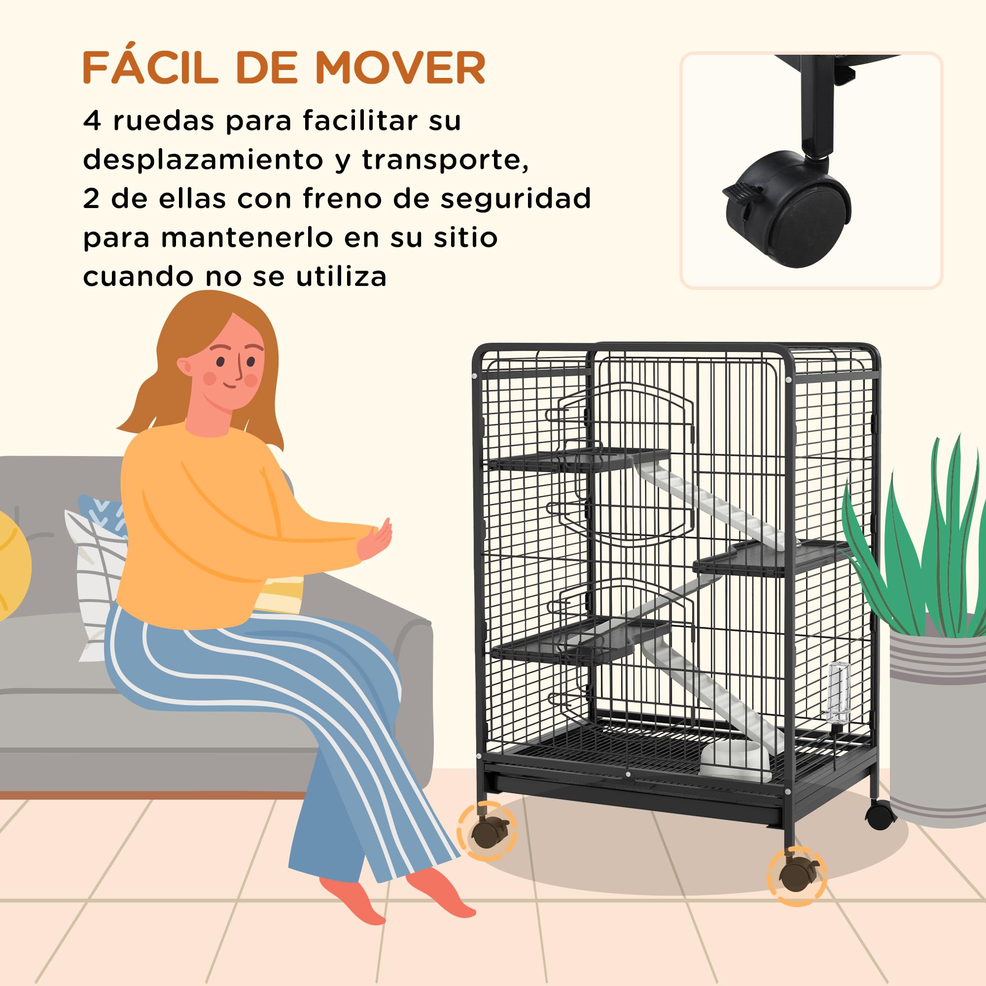 PawHut Jaula para Hurones Jaula para Animales Pequeños con Ruedas Rampa Cuenco Botella de Agua y Bandeja Extraíble Recinto para Conejos Chinchillas 61,5x44x95 cm Negro