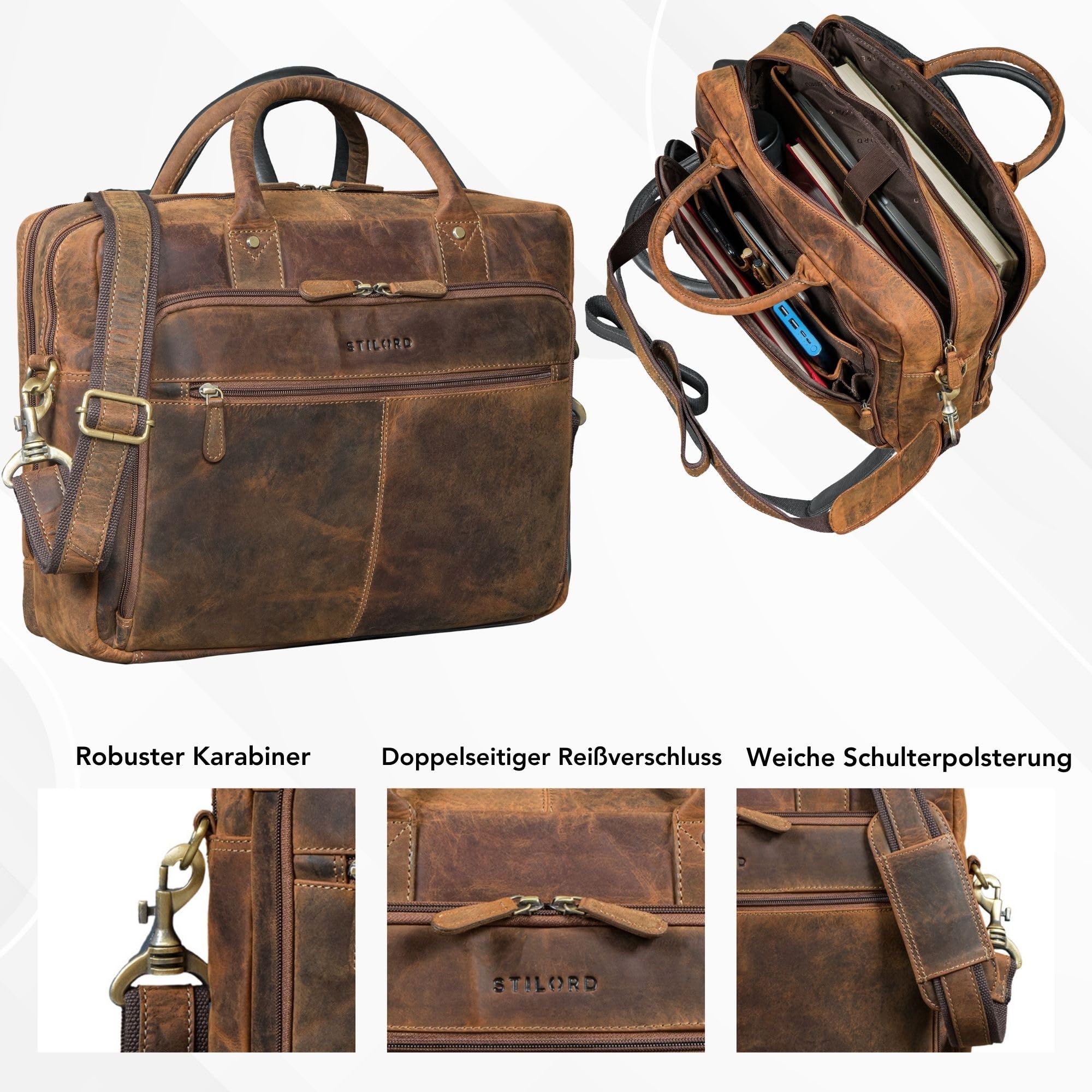 STILORD "Jerome Aktentasche Leder Herren Schwarz Businesstasche mit Laptopfach 15,6 Zoll Laptoptasche Echtleder Arbeitstasche Männer Bürotasche Ledertasche Lehrertasche