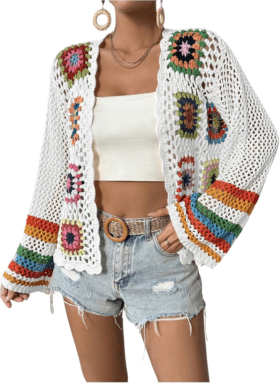 SHENHE Women's Floral Crochet Cardigan Hollow Out Open Front Long Sleeve Cardigan Sweater - Image 6