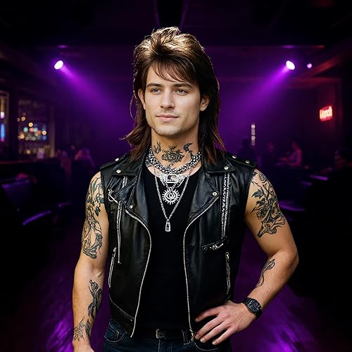 Miniatura 5 de Peluca de salmonete Rock de los años 80 para hombre, peinado retro marrón para cosplay, fiestas y moda vintage