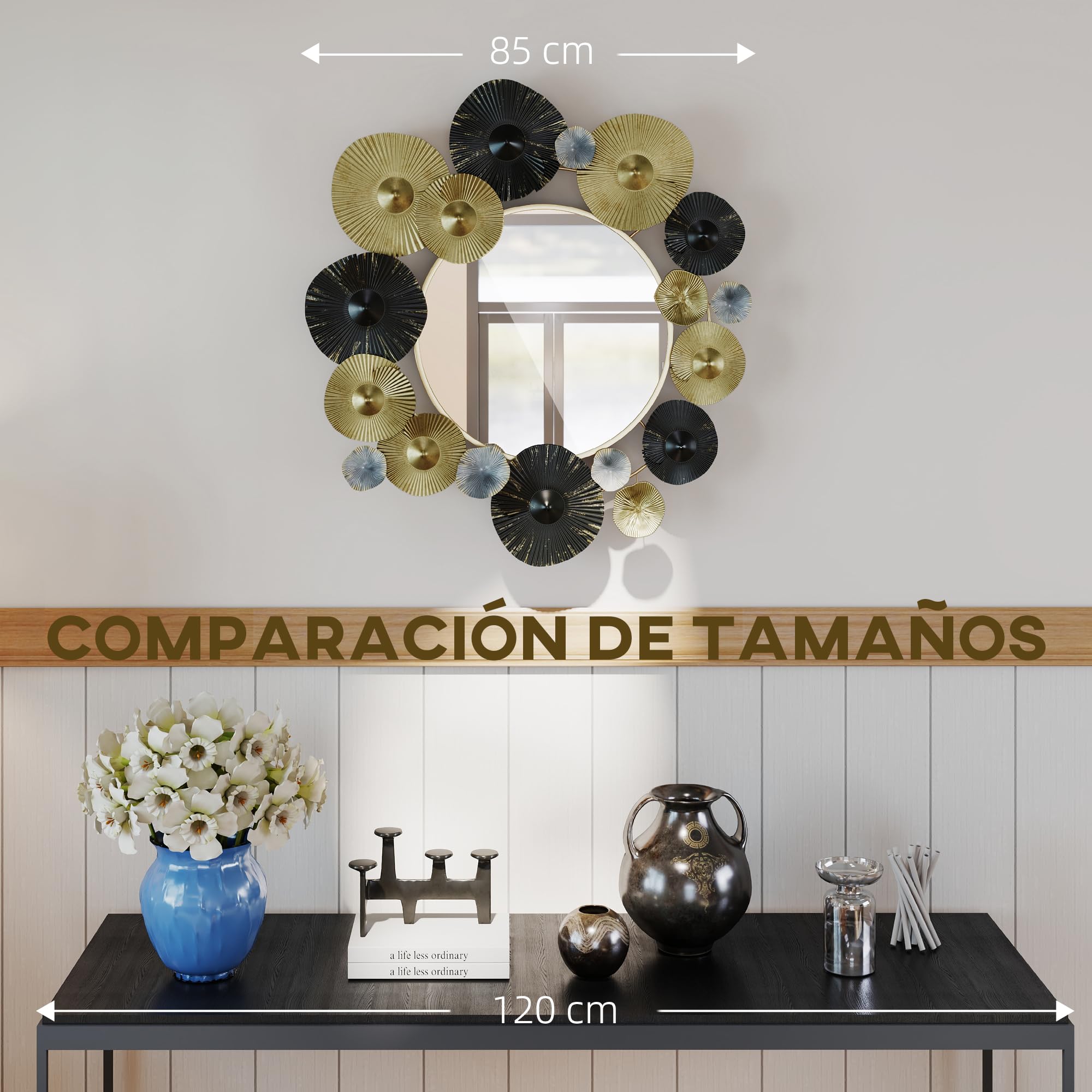 HOMCOM Espejo Decorativo de Pared, Metálico, 84x84 cm, Dorado y Negro | Adorno de Pared, con Espejo Decorativo, para Salón, Dormitorio, Pasillo