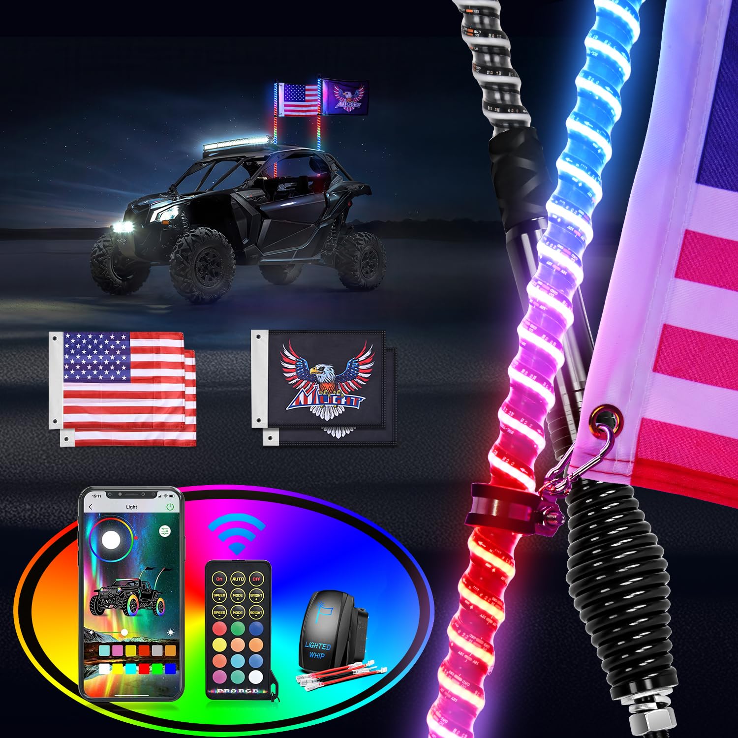Nilight LED Whip Light 2 PCS 3FT COB RGB Lighted Antenna Whips Spring Base