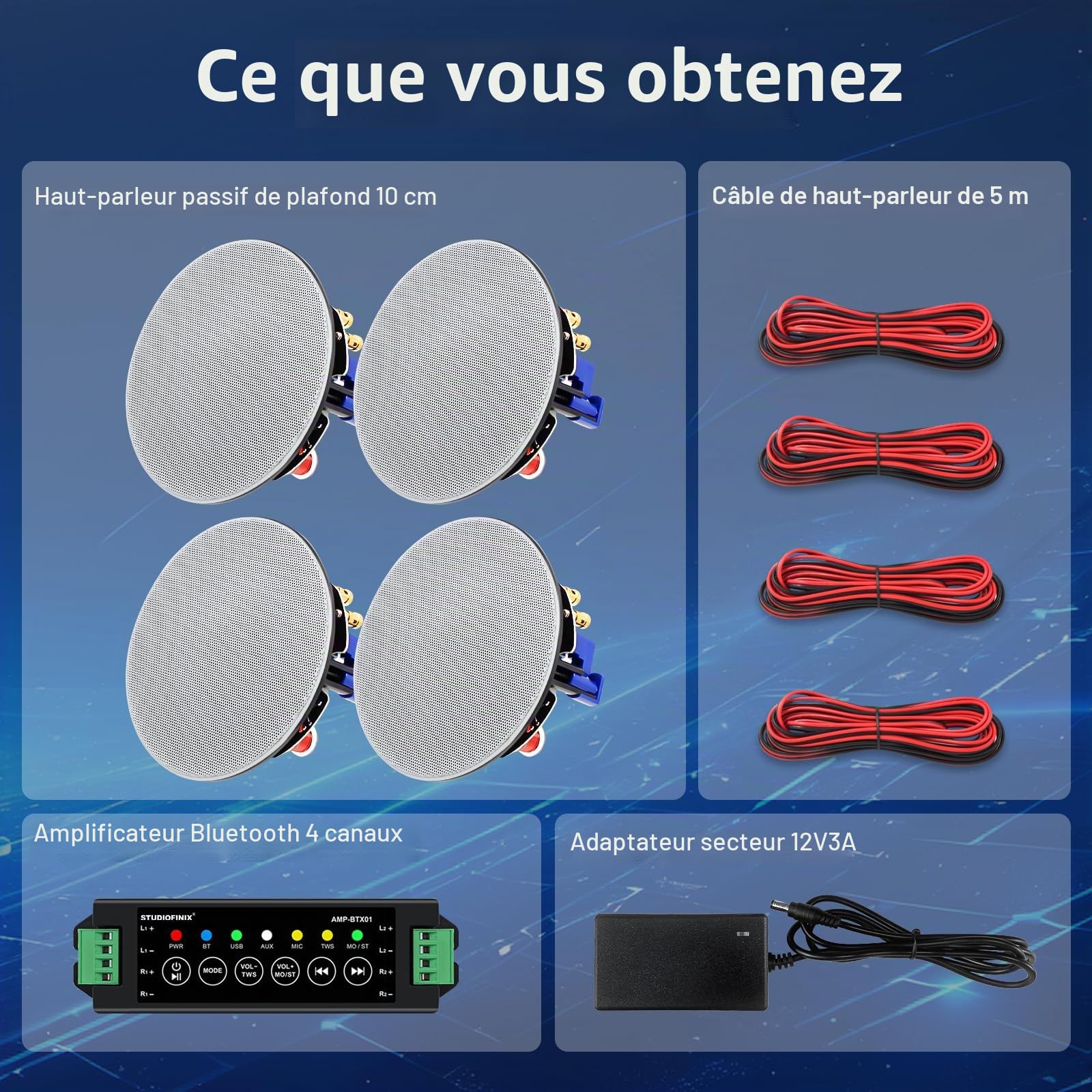 STUDIOFINIX Haut-parleurs de plafond Bluetooth de 4 pouces, système 2 voies 320W, 4 haut-parleurs, son surround filaire pour salon, bureau, cuisine, salle d'étude, sous-sol, terrasse couverte et