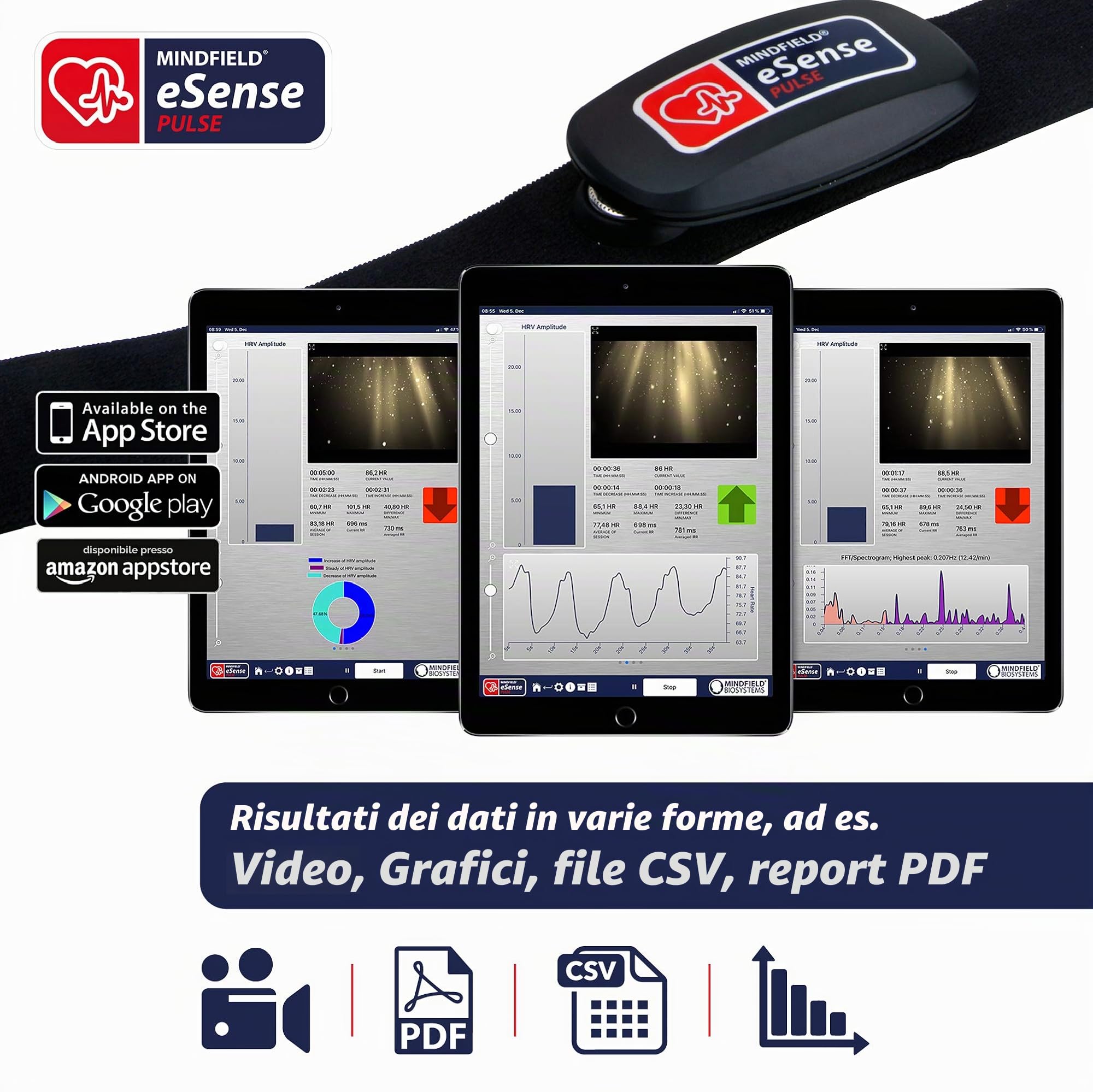 Mindfield eSense Pulse Cardiofrequenzimetro per Biofeedback con App Smartphone | Sensore di Variabilità Frequenza Cardiaca (HRV) e Battito Cardiaco con Fascia Toracica | Include App