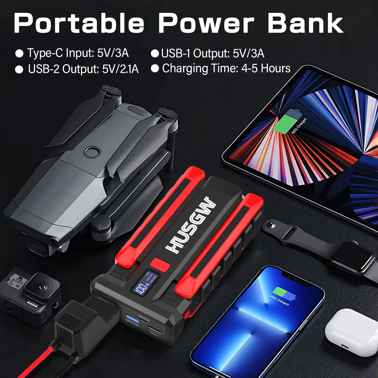 Booster Avviamento Auto, Avviatore di Emergenza Portatile per Batteria da 2000A 13800mAh, Starter Batteria Auto Per Motori a Benzina Fino a 7L o Diesel Fino a 5,5L,Orcia a LED