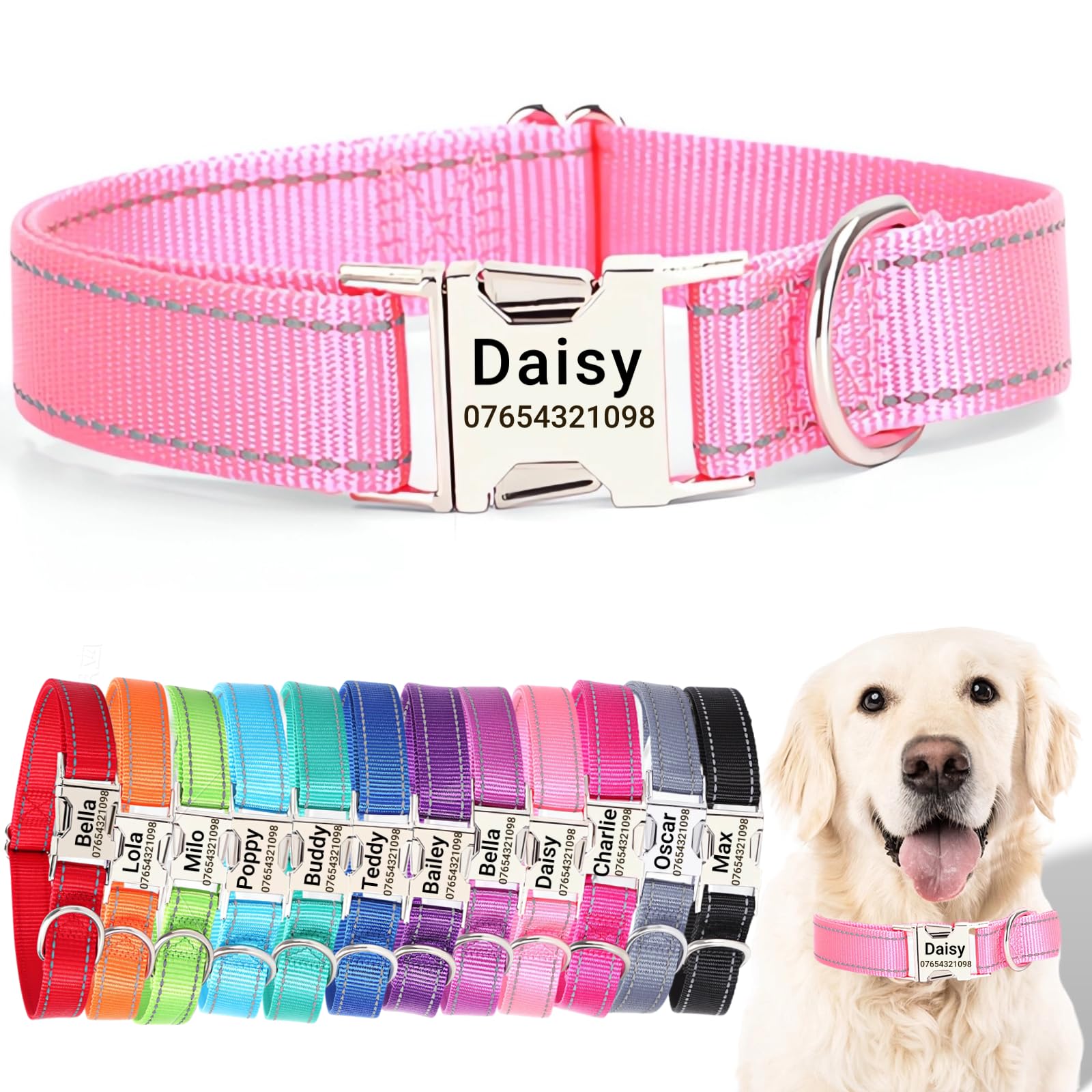 SEOUGEE Personalised Dog Collar with Engraved Metal Buckle, Reflective Nylon Collars for Small Medium Large Dogs with Custom Name Plate Phone Number (Pink, M:Neck 35-50cm,Width 2cm)